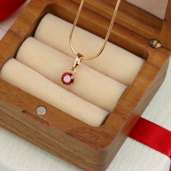 "Tiny Round Red Stone Rose Gold Pendant – Minimalist Design, XPPT1600 - Picture 8 of 13